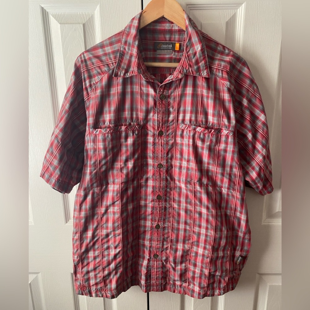 cloudveil Red‎ Plaid Performance Lightweight Button Front Short Sleeve Shirt L